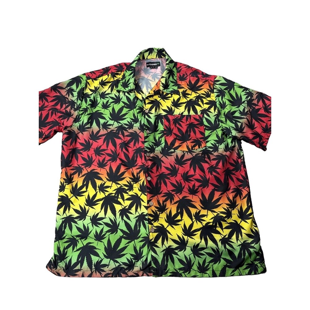 Buddies Mens Sz XL Shirt Short Sleeve Button Up Pot Leaf Cannabis Rasta Weed